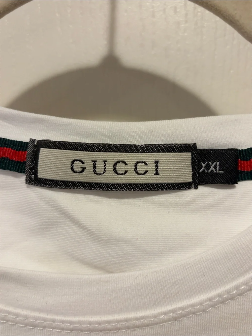 Gucci White Tee with Gold Logo and Green-Red Web Stripe